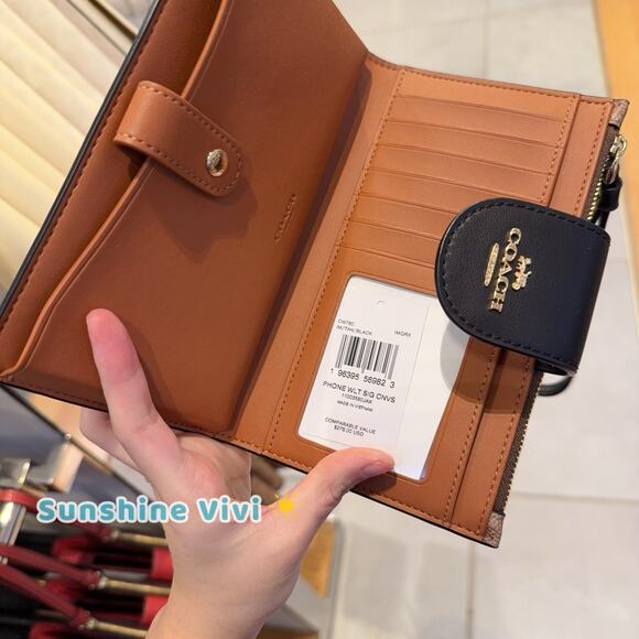 NWT Coach Phone Wallet In Signature Canvas CW780 TAN/BLACK - Picture 4 of 5